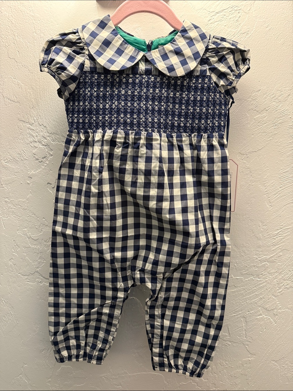 NWT Classic Prep Navy and White Gingham Taffeta Smocked Baby Romper Size 18-24m